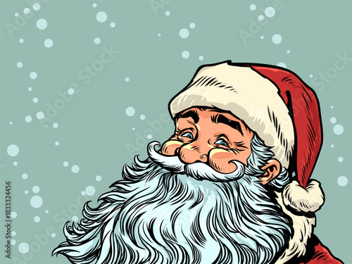 Pop Art Retro Santa Claus is smiling. Santa Claus is excited about the coming New Year. Special offers for customers during the holidays.