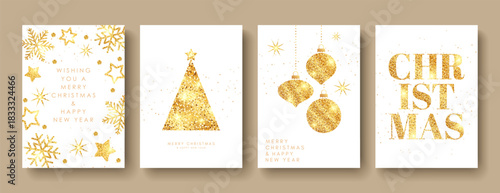 Merry Christmas and Happy New Year greeting card with golden shiny Christmas balls and Christmas tree.
