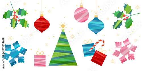 Set of festive winter elements, Christmas tree, candy cane, gift boxes, holly berries and branches, snowflakes, Christmas balls.