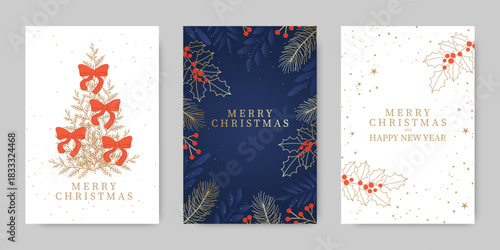 Merry Christmas and Happy New Year greeting card. A luxurious gold background with berries and holly branches on a blue and white background. Vector illustration.
