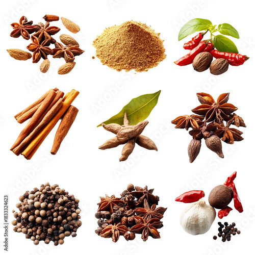 Verschiedene köstliche Gewürze, freigestellt vor transparentem Hintergrund, Generative AI