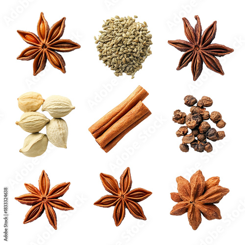 Verschiedene köstliche Gewürze, freigestellt vor transparentem Hintergrund, Generative AI