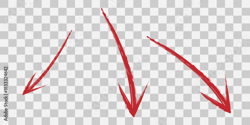 Three red hand drawn arrows pointing downwards on a transparent background
