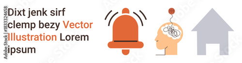 Alertness, home safety, mental focus, cognitive awareness, security systems, information attention. Icons of a ringing bell, head with brain and house. Alertness and home safety concepts