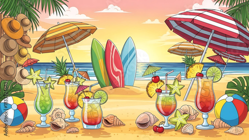 Sunny beach scene with cocktails, surfboards, umbrellas, and fun summer elements.
