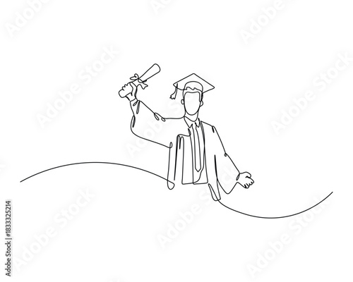 Continuous line art of a graduate in cap and gown, holding a diploma and gesturing proudly. Minimalist illustration symbolizing academic success, achievement, and joyful graduation celebration.