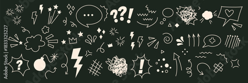 Dynamic comic doodle effects set, Explosive lines, speech bubbles, anime emotion icons and playful hand drawn symbols. Editable vector elements for pop art design, stickers, highlights, manga scenes