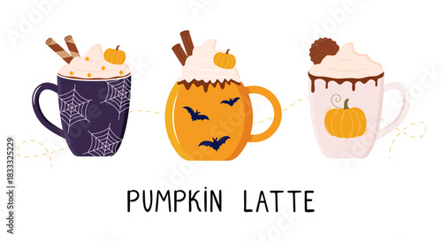 Halloween mugs with hot pumpkin latte with spices, whipped cream and festive decorations such as bats and spider webs. Perfect for fall holiday design. Vector illustration