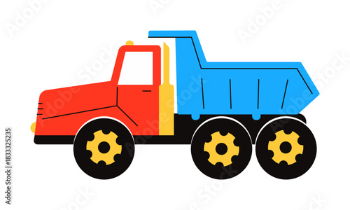 Simple cartoon vector illustration of a bright red and blue toy dump truck. Ideal for kids books, educational materials, and transportation themes