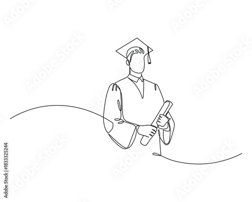A minimalist line drawing of a graduate wearing a cap and gown, proudly holding a diploma captures the essence of academic success and the joy of graduation