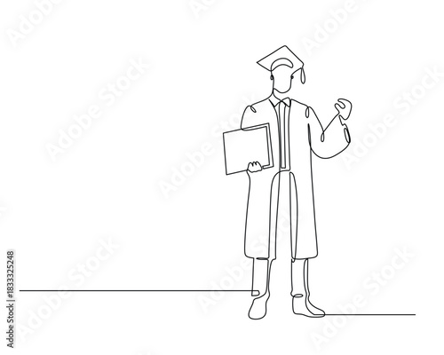 Continuous line drawing of a graduate in cap and gown holding a diploma. Minimalist illustration symbolizing academic achievement, success, and celebration, ideal for education and graduation themes.
