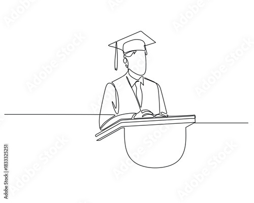 A continuous line drawing of a graduate in a cap and gown behind a podium, giving a speech. This minimalist illustration represents academic achievement and educational milestones