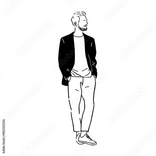 Minimalist line art drawing of a stylish bearded man