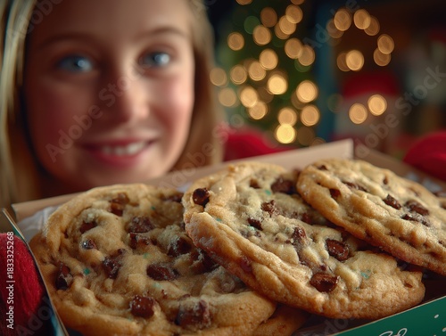 Young girl with blonde hair holding a tray of freshly baked chocolate chip cookies, surrounded by festive Christmas lights, embodying the joy of holiday baking and celebration