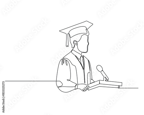 A continuous line drawing of a graduate in a cap and gown standing behind a podium with a microphone, giving a speech. academic achievement and graduation ceremonies
