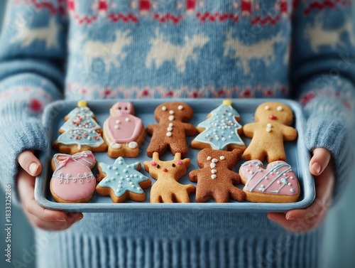 Colorful assortment of decorated Christmas cookies on a blue tray held by a person wearing a cozy sweater, showcasing festive holiday baking and joyful celebration