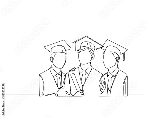 Line drawing of three graduates in caps and gowns, one holding a diploma, another placing a hand on their shoulder. Celebrating graduation, symbolizing achievement and support.