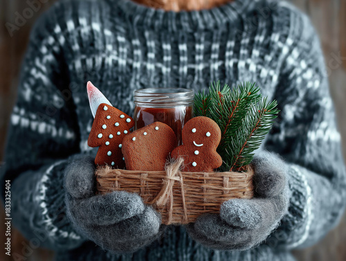 Cozy hands holding a woven basket filled with gingerbread cookies, a jar, and fresh pine branches, embodying the warmth of Christmas baking traditions and festive spirit