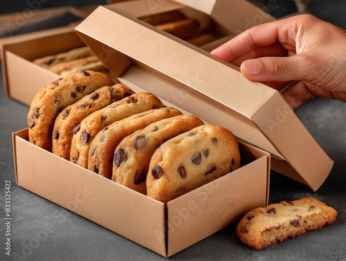 Hand reaching for freshly baked chocolate chip cookies in a festive cardboard box, showcasing delicious treats perfect for holiday celebrations and cookie baking traditions