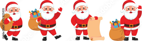 Santa Claus cartoon illustration, Christmas character set, festive holiday design, gift sack, waving Santa, scroll list, cheerful pose, celebration