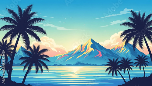 Tropical Beach Paradise with Palm Trees, Mountain Backdrop and Serene Seascape