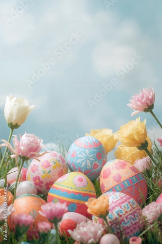 Colorful Easter Eggs Surrounded by Flowers on a Bright Spring Day
