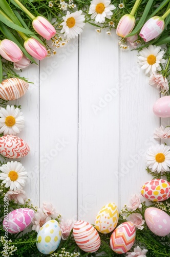 Spring Celebration With Colorful Eggs, Flowers, and Fresh Greenery During Eas...