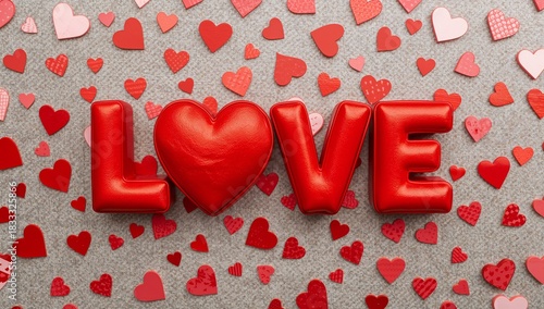 Bright Red Love Sign Surrounded by Various Small Hearts on a Light Background...