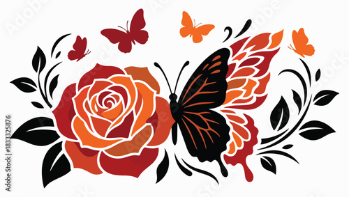 Red and Orange Butterfly Rose Fusion Art, butterfly rose, fusion art, red orange flower, orange butterfly, black wing design, dark orange petals, floral stencil, tattoo art style, bold graphic design,