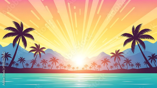 Vibrant tropical island getaway with palm trees at sunset