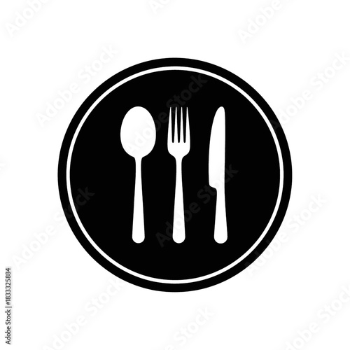 A black and white circular icon featuring a spoon, fork, and knife.