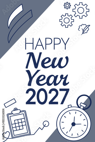 New Year 2027 Greeting Card – Time & Planning Design with Calendar, Stopwatch, Gears, and Abstract Accents