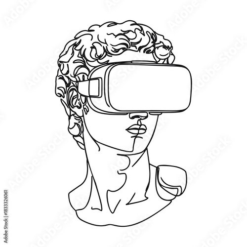 Minimalist line art of a classical Greek sculpture bust of David wearing a modern Virtual Reality VR headset. Represents the fusion of ancient art and modern technology, future and metaverse concept.