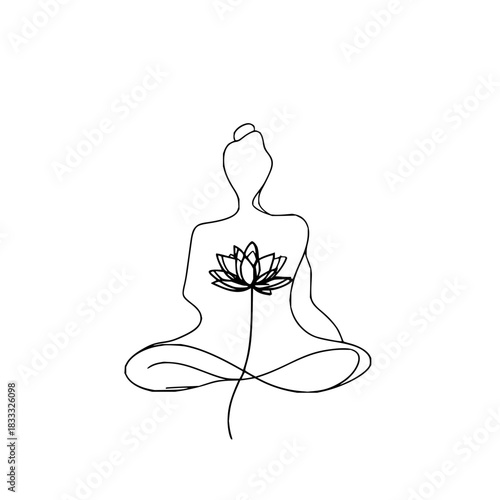 Minimalist continuous line art of person meditating with lotus flower