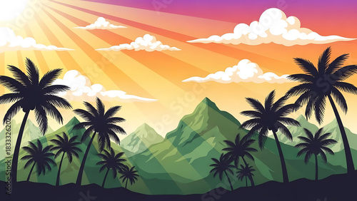 Tropical paradise landscape with palm trees against vibrant sunset background