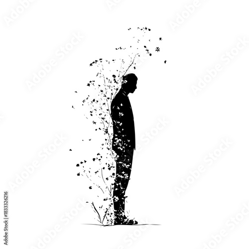 Silhouette of a man dissolving into small particles