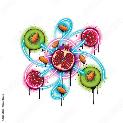Vibrant vector illustration of pomegranate, kiwi slices, and almonds connected by neon, glowing energy lines. A dynamic, healthy food concept with a trendy, dripping watercolor effect.