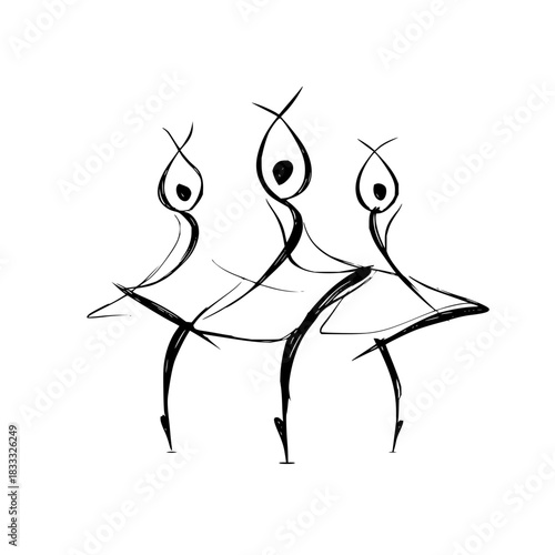 Three abstract ballerina dancer figures in black ink sketch style