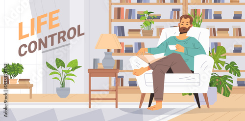 Calm man reads book and drinks coffee while sitting in soft chair. Life control concept vector illustration