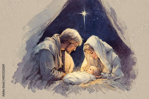 Watercolor illustration showing of Nativity scene under the Star of Bethlehem
