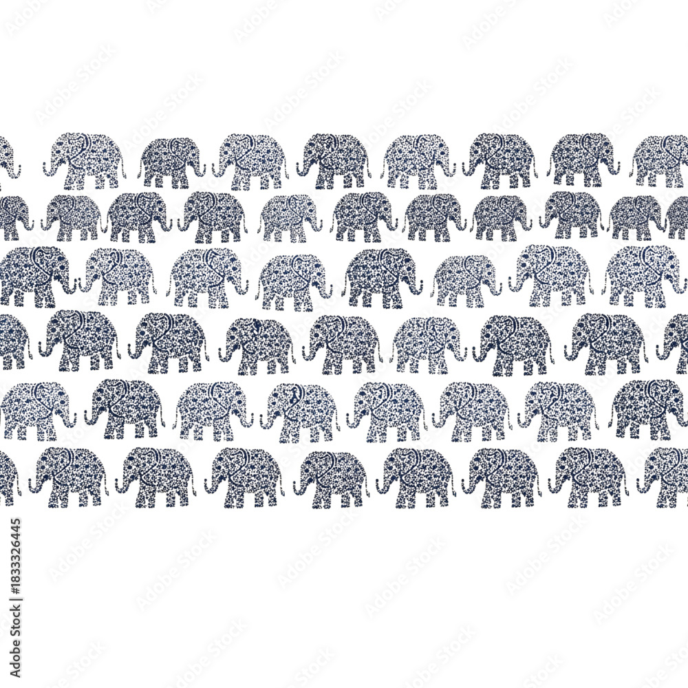 Fototapeta premium Pattern of stylized elephants arranged in rows on a white background, detailed illustration on transparent background