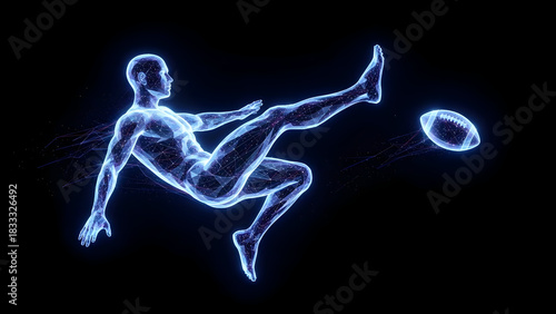 Digital illustration of a glowing blue human figure kicking an american football in motion against a dark background, symbolizing sport technology or anatomy