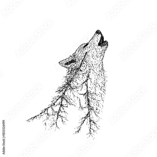Howling wolf head composed of tree branches