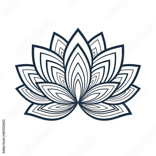 Detailed line art illustration of a lotus flower with multiple layers of petals on a white background on transparent background