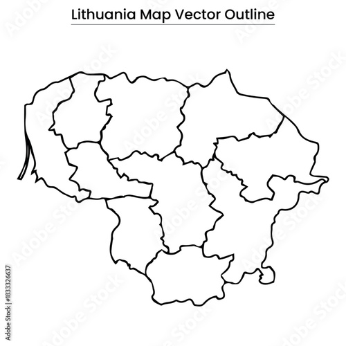 Lithuania Map Vector Outline Country Border, Regions, Editable Line Art