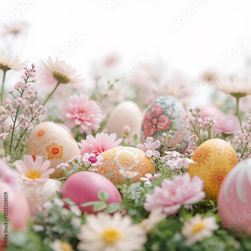 Colorful Decorated Eggs Surrounded by Flowers for Easter Celebration in Spring