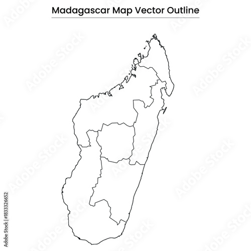 Madagascar Map Vector Outline Country Border, Regions, Editable Line Art
