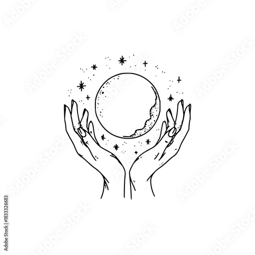 Mystical hands holding a crescent moon with stars