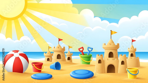 Sunny Day at the Beach with Sandcastles and Toys Illustration