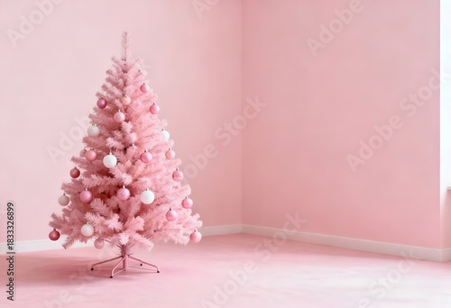 Soft pink artificial christmas tree adorned with delicate ornaments in a pastel room